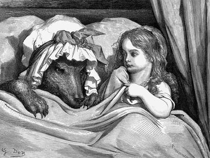 Grabado de Gustave Doré de la escena en Caperucita roja en la cama con el lobo: "Quedó asombrada al ver el aspecto de su abuela", de la versión de 1862 en  'Los cuentos de Mamá Ganso' de Charles Perrault.