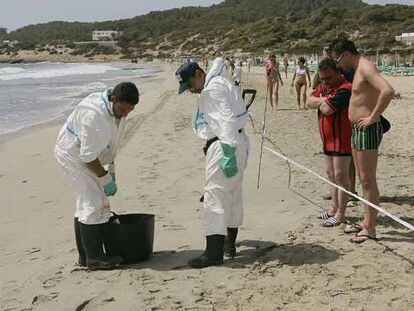 Varios operarios limpian de residuos contaminantes la playa de En Bossa (Ibiza).