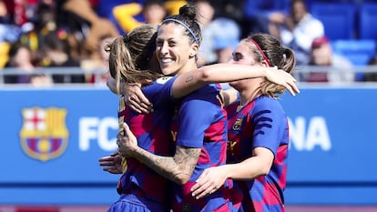 Jenni Hermoso celebra un gol del Barcelona durante la pasada temporada.