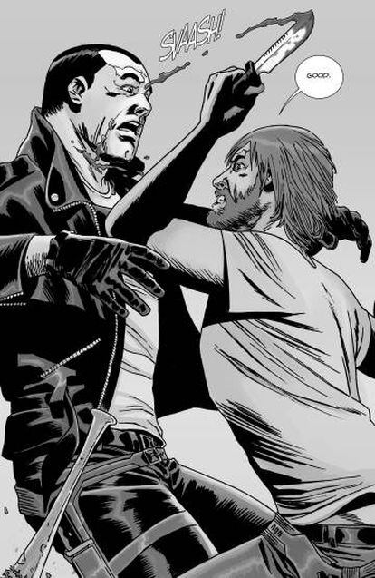 Momento de Rick contra Negan, en el cómic.