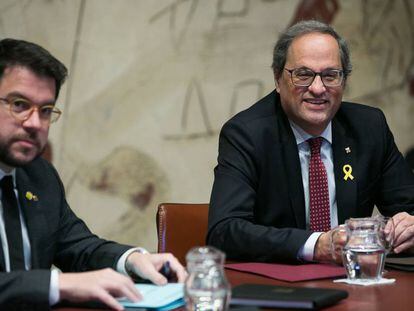 El presidente de la Generalitat, Quim Torra, junto con el vicepresidente Pere Aragonès. 