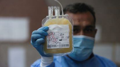 Un trabajador sanitario sostiene una bolsa de plasma sanguíneo de un infectado de covid en una foto de archivo.