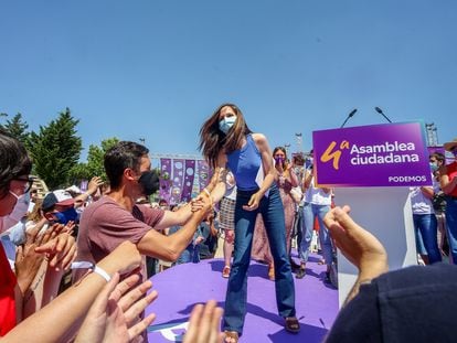 La nueva líder de Podemos, Ione Belarra, tras ser elegida secretaria general del partido, este domingo en Alcorcón (Madrid).