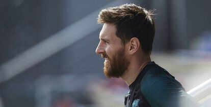 Messi, en l'entrenament d'ahir del Barça.