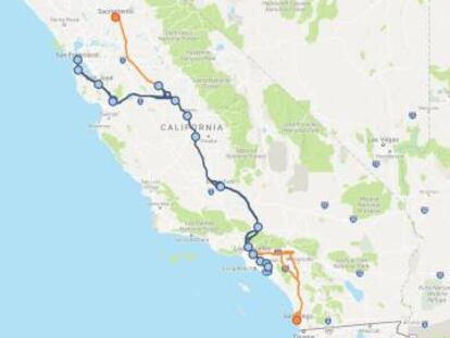 Proyecto de Alta Velocidad en California. Fase 1 en azul y fase 2 en naranja.