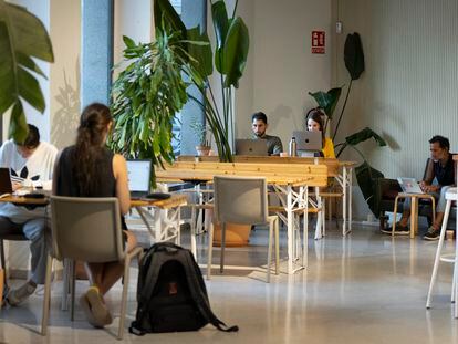 Varios jóvenes en la cafetería del espacio de 'coworking' Itnig del barrio del Poblenou de Barcelona.