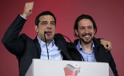 Tsipras i Iglesias, aquest dijous al míting de Syriza a Atenes.