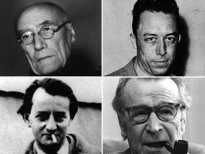 De izquierda a derecha, André Gide, Albert Camus,  André Malraux y Georges Simenon.