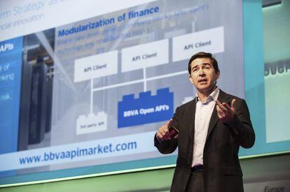 El consejero delegado de BBVA, Carlos Torres, durante su conferencia del lunes pasado en Copenhague sobre innovación y tecnología denominado Money 20/20 Europe.