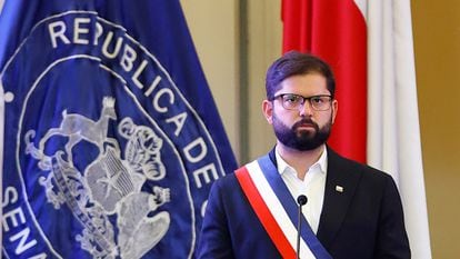 Gabriel Boric habla durante el funeral del expresidente Sebastián Piñera, en febrero de 2024.