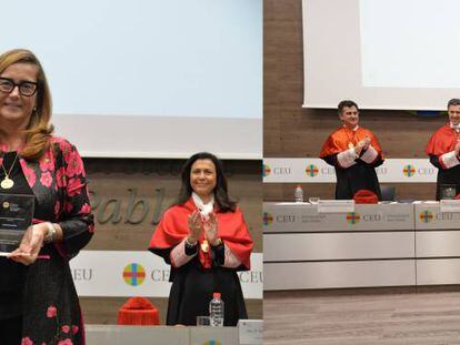 Almudena Castro-Girona, presidenta de la Fundación Aequitas, y Sebastián del Rey, director de Relaciones Institucionales del Colegio de Registradores de España, recogiendo los premios otorgados por la Universidad CEU San Pablo.