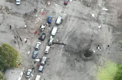 Aerial image distributed by the police showing the crater after the impact of the Russian missile. 