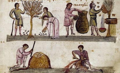 Escenas de cosecha, apicultura y caza, en un manuscrito del siglo XI de un texto de Opiano de Apamea.