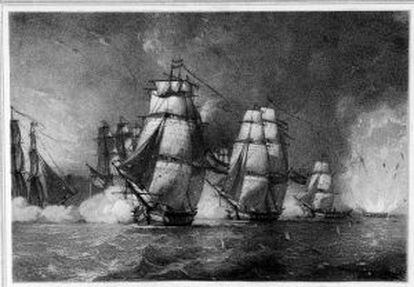 Ilustración de la explosión de la fragata Nuestra Señora de las Mercedes (1804), hundida por los ingleses.