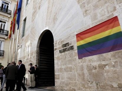 Las Cortes Valencianas han colocado la bandera arco&iacute;ris en la fachada principal del Palau dels Borja. 