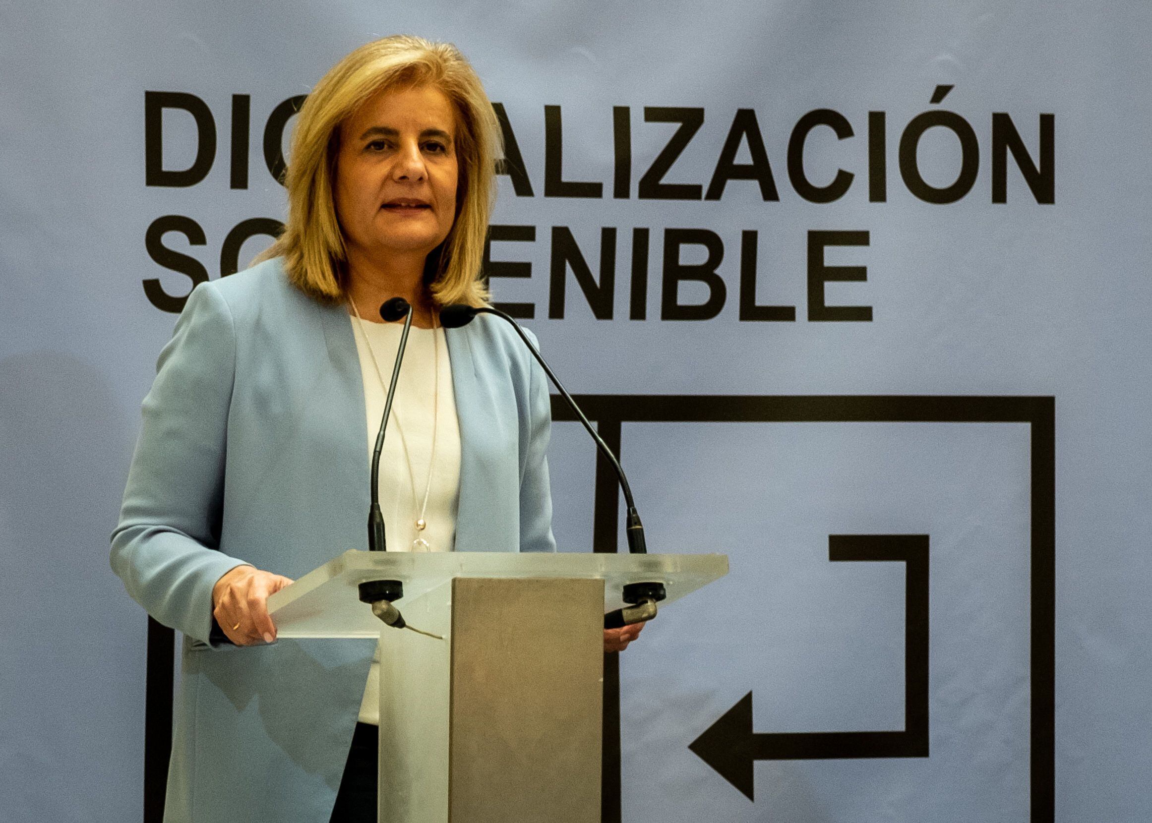 La presidenta de la Fundación CEOE, Fátima Báñez, durante su intervención en la clausura del proyecto de digitalización sostenible, el pasado 9 de junio. 