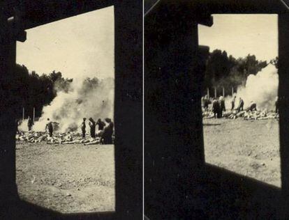 Dos de las cuatro fotografías tomadas desde el interior de un crematorio por un 'sonderkommando' en Auschwitz: se ve la incineración de cadáveres al aire libre.