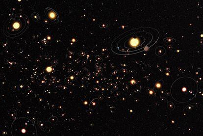 Ilustración que muestra la abundancia de sistemas planetarios en la Vía Láctea.