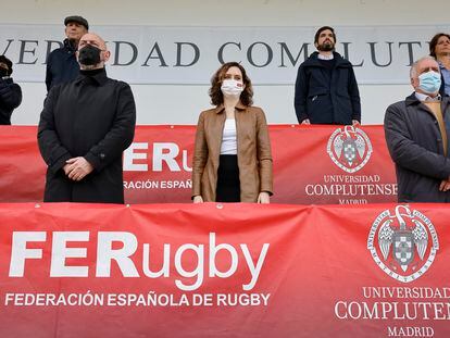 Isabel Díaz Ayuso, durante el España-Rumanía de rugby celebrado el domingo 27 de febrero de 2022