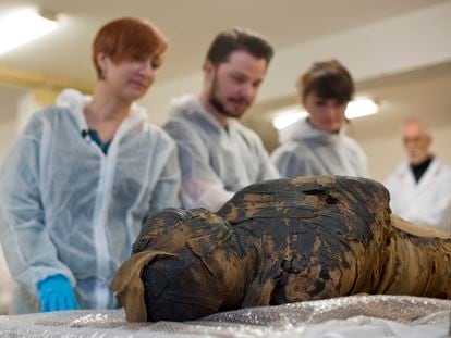 La momia egipcia embarazada es observada por investigadores del Warsaw Mummy Project.