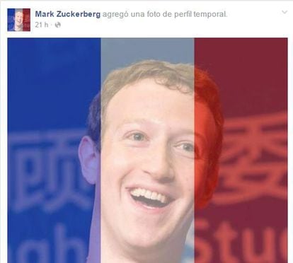 Fotografía de perfil del fundador de Facebook, Mark Zuckerberg, con el filtro solidario con las víctimas de los atentados de París activado.