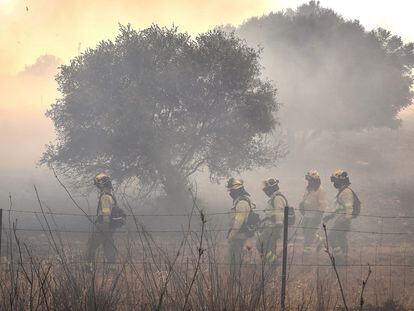 Labores de extinción de un incendio forestal en Villarrasa (Huelva).