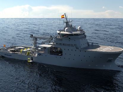 Recreación virtual del futuro BAM IS (Buque de Acción Marítima de Intervención Subacuática) de la Armada.