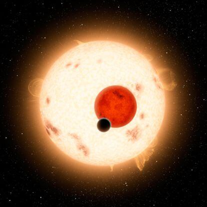 Ilustración del planeta extrasolar Kepler-16b en órbita de un sistema binario, formado por dos estrellas.