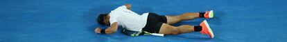 Nadal, sobre la pista tras derrotar a Dimitrov.
