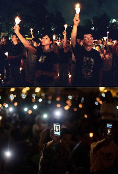Arriba: una multitud sostiene velas durante una vigilia en el parque Victoria para conmemorar la matanza de la plaza de Tiananmen de 1989, el 4 de junio de 1997; abajo: una multitud sostiene teléfonos móviles y velas durante la conmemoración del 28 aniversario de Tiananmen, el 4 de junio de 2017.