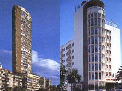 A la izquierda, torre Vistamar, de la Albufera de Alicante, obra de Juan Guardiola. A la derecha, hotel Pez Espada, de Torremolinos, diseñado por Juan Jáuregui.