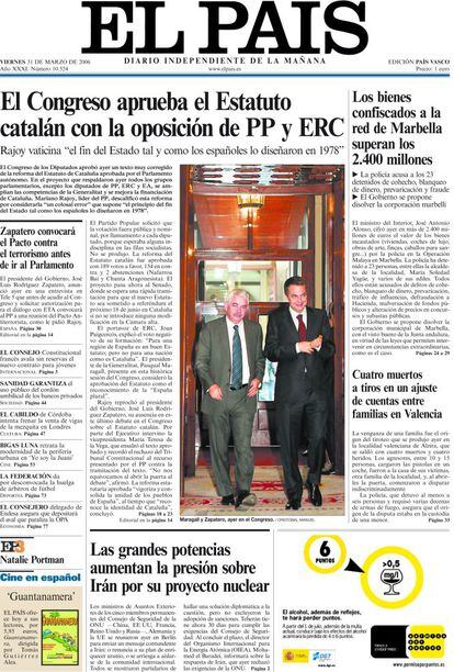 31 de marzo de 2006. El Congreso aprueba, sin el apoyo de PP ni de ERC, un Estatuto limado en algunos puntos sobre financiación y competencias; el término "nación" se saca del articulado y se lleva al preámbulo para que no tenga efecto jurídico.