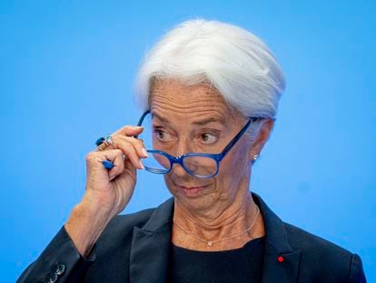 La presidenta del BCE, Christine Lagarde, en una rueda de prensa en Fráncfort, este jueves.