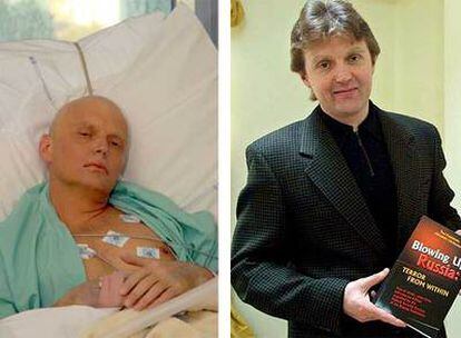 El ex agente ruso Alexandr Litvinenko, ayer, en un hospital de Londres. A la derecha, con su libro, en mayo de 2002.