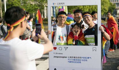 Manifestación a favor del colectivo LGTB en Nanjing, el domingo. 