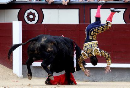 El diestro Daniel Luque es lanzado al aire por su primer toro durante la corrida de la Feria de San Isidro celebrada en Las Ventas.
