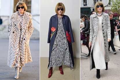 Anna Wintour. Aunque pocas mujeres en el mundo pueden tener el acceso a la moda que la editora más famosa del globo, los looks de Wintour siempre mantienen varios elementos en común: abrigos largos y estampados, vestidos ídem, gafas de sol y sus inseparables collares de cristales de colores. Por no hablar de la melenita que luce intacta desde que comenzó su carrera.