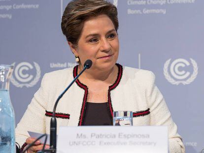 Patricia Espinosa, en una rueda de prensa en Bonn (Alemania), sede de la convención marco sobre cambio climático de la ONU.
