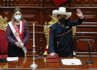 Pedro Castillo during his swearing-in as the new president of Peru, this Wednesday.