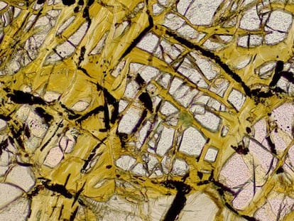 Proceso de serpentinización del mineral olivina (en amarillo) por el que los microbios obtienen hidrógeno.