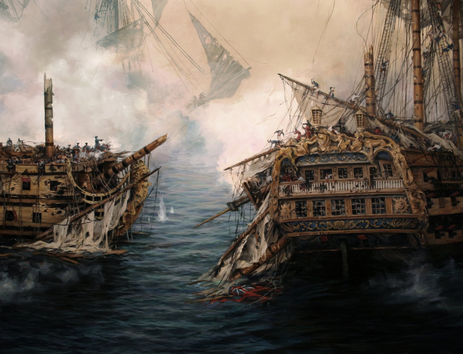 Detalle de 'El último combate del 'Glorioso', con el barco español a la izquierda, obra de Ferrer-Dalmau. Detalle de 'El último combate del 'Glorioso', con el barco español a la izquierda, obra de Ferrer-Dalmau.