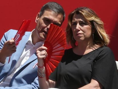 Susana Díaz y Pedro Sánchez en un mitin del PSOE. En vídeo, la líder del PSOE andaluz celebra los resultados obtenidos el pasado 28-A.