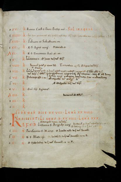 Leaf from the 'Calendar, Gradual, Sacramentary' manuscript with liturgical chants in Latin about the Ascension.  This work is dated around the year 1000 and is attributed to a monk named Hartker.
