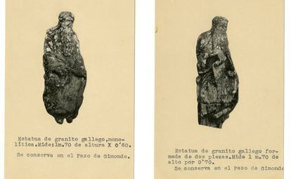 Imágenes de Jeremías/Isaac (a la izquierda) y de Ezequiel/Abraham (a la derecha), incluidas en el expediente conservado en el Museo Arqueológico Nacional, abierto en 1946, sobre la propuesta de venta de las cinco estatuas desmontadas del Pórtico de la Gloria.