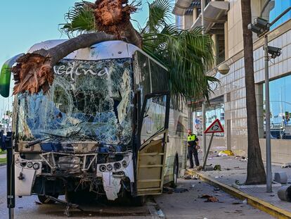 Un agente de la Policía Local inspecciona los restos del accidente de la colisión de un autobús que se ha quedado sin frenos y ha impactado contra un lateral de un centro comercial en Cádiz, causando la muerte a tres peatones. EFE/ Román Ríos