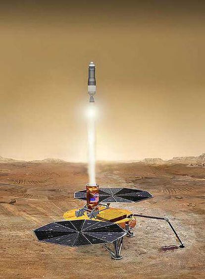 Ilustración del despegue, en Marte, de una cápsula con destino a la Tierra.