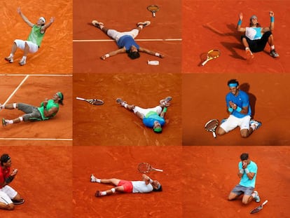 Nadal, celebrando cada uno de sus t&iacute;tulos en Roland Garros.