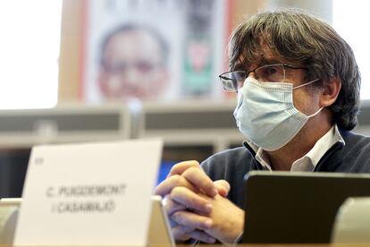 Former Catalan President 'Carlos Puigdemont' at the European Parliament in Brussels on Monday.