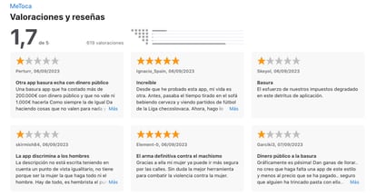 Algunas de las reseñas y valoraciones visibles de la aplicación MeToca en la AppStore, el servicio de descargas de los dispositivos Apple.
