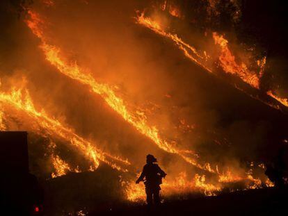 Al menos una persona ha muerto y más de 400 viviendas y negocios se han destruido hasta el momento en el rápido incendio forestal que se mantiene activo en el condado de Lake, en California, según han indicado altos cargos el domingo. En la imagen, un bombero junto a las llamas en Lower Lake, California.